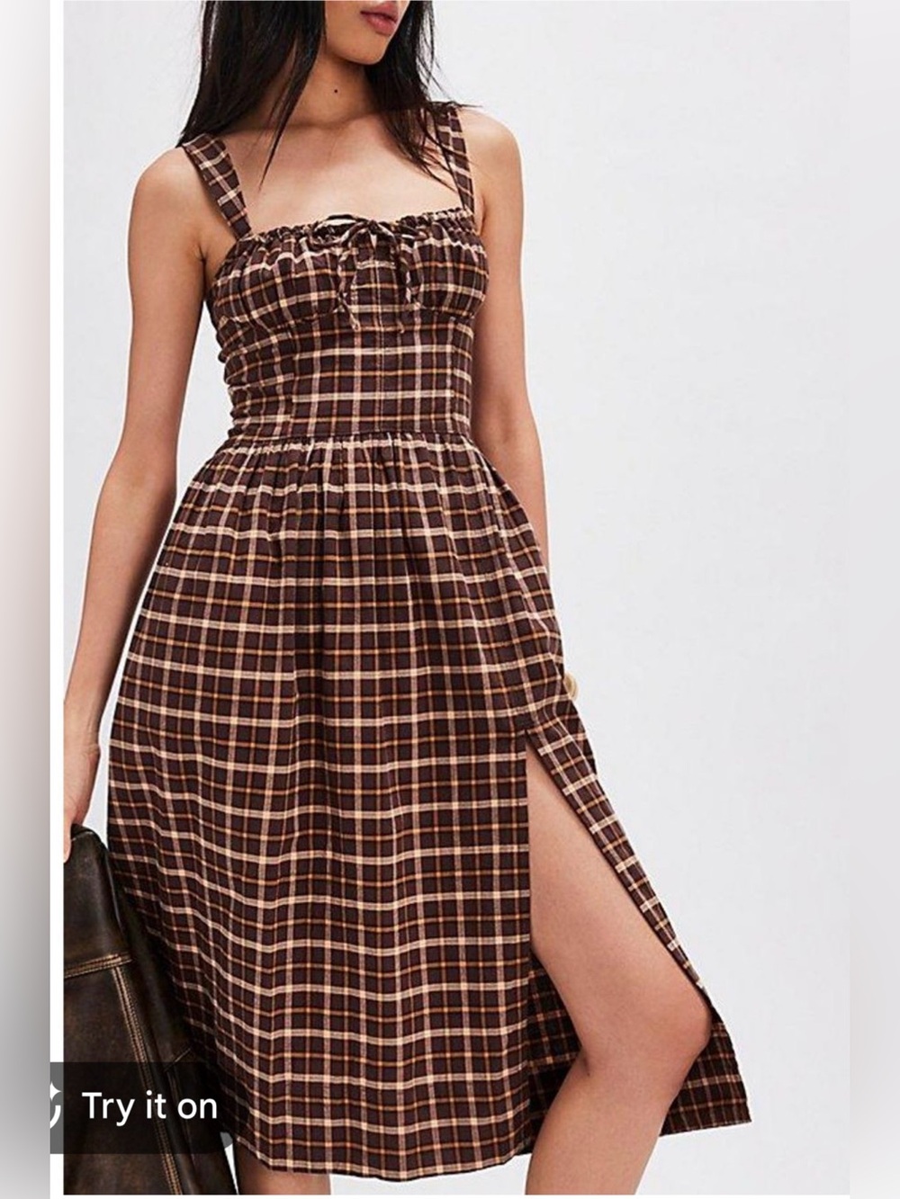 Free People Brown Plaid Midi Dress with Side Slit size small